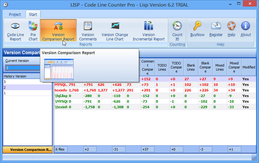 Version Comparison Report ScreenShot