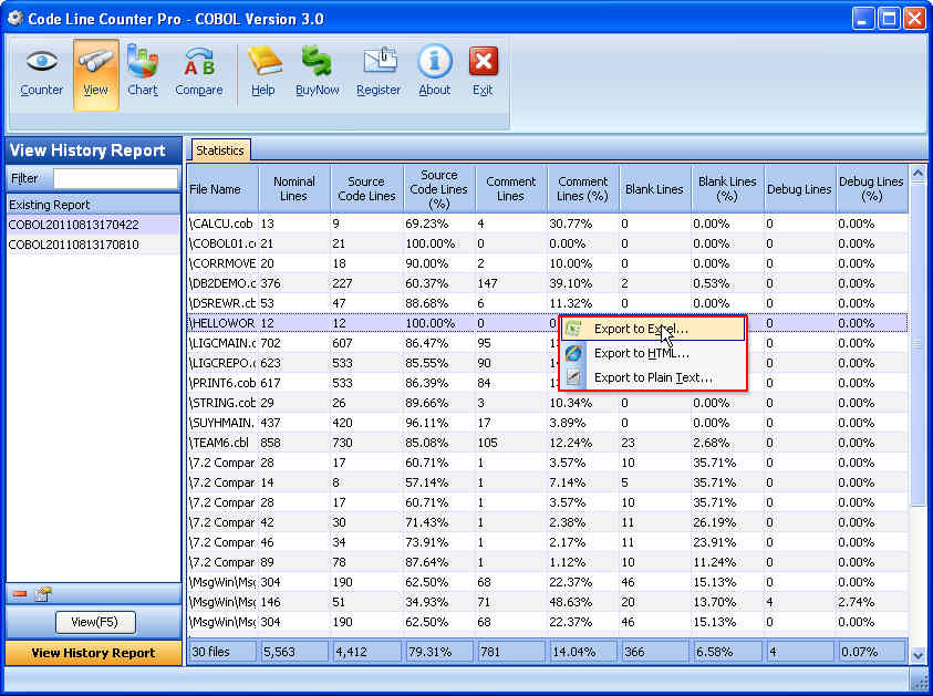 Export Selected Report ScreenShot